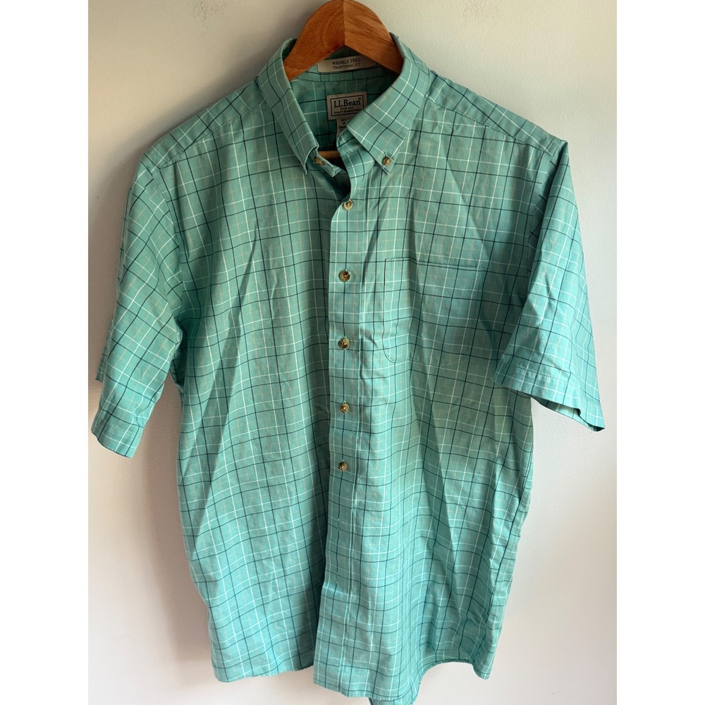 LL Bean Mens Shirt Medium Tall Mint Green Windowpane Wrinkle Free Button Down